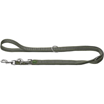 Grau-oliv geflochtene Hundeleine mit Schlaufengriff, Metallclip und D-Ring, gelbe Ziernähte und kleines Etikett "HUNTER".