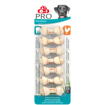 8in1 PRO Dental Bones for dogs, featuring multiple chewable bone treats with chicken filling, promoting fresh breath and dental health.