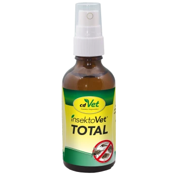 Braune Sprühflasche mit der Aufschrift "cdVet InsektoVet TOTAL" mit einer Grafik von Insekten und einem Verbotsschild, das ein Insektenschutzmittel für Haustiere anzeigt.