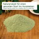 Grüner Pulvermound auf Holz, mit Text: 'Naturprodukt für einen gesunden Start ins Hundeleben' und 'Einzigartiges Naturprodukt für Hunde.'