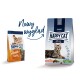 Die Verpackung des Happy Cat Futters zeigt zwei Beutel: "Erwachsene Atlantiklachs" und "Kulinarisch 1+ Jahre", mit einem Katzenbild und "Nowy wygląd."