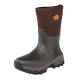 Braun-grauer Gore-Tex wasserdichter Outdoor-Stiefel mit robuster Sohle und orangefarbenem Bison-Logo am oberen Schaft.