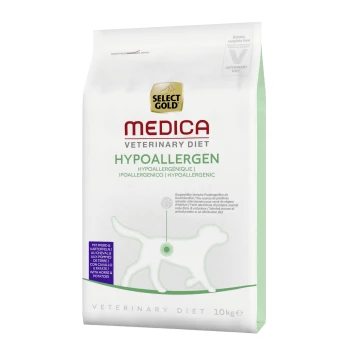Weiße Tüte mit Select Gold Medica Veterinary Diet Hypoallergen Hundefutter, mit einer Silhouette eines Hundes und beschriftet mit 10 kg.