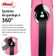 Laisse pour chien rose flexi avec un système de guidage à 360°, dotée d'une sangle noire et d'un texte expliquant son design sans enchevêtrement.