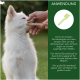 Eine Person, die die Zähne eines kleinen weißen Hundes mit einer Zahnbürste putzt, begleitet von einem Text über die Anwendung des Produkts für verschiedene Hundetypen.