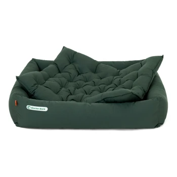 Grünes Haustierbett mit gestepptem Design und erhöhtem Rand, mit einem Logo, das 'Doctor Bark' liest.