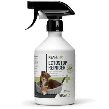 Flasche des REAVET ECTOSTOP Reinigers für Haustiere, mit einem Hund in einem Korb auf dem Etikett, 500ml Größe, behauptet, gegen Parasiten zu schützen.