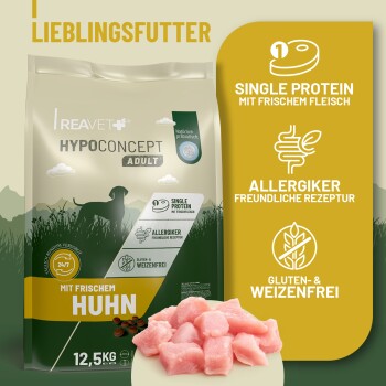 Reavet Hypoconcept Adult Hundefutterbeutel mit Text 'Mit frischem Huhn', Icons: Single Protein / Allergiker / Gluten- & Weizenfrei und rohen Hühnerstücken