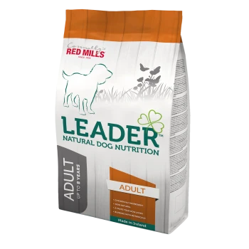 Bag of Leader Natural Dog Nutrition for adults, featuring a dog silhouette, claims "Chicken No. 1 Ingredient," and "100% Natural."