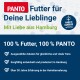 PANTO Haustierfutter-Werbung mit dem Slogan 'Futter für Deine Lieblinge' und dem Anspruch auf 100% Qualitätszutaten, hergestellt in Hamburg.