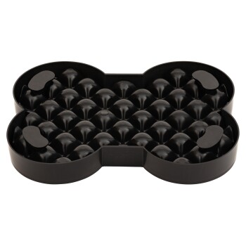 Schwarze Knochen-förmige Slow-Feeder-Hundenapf mit erhabenen Noppen zum Verlangsamen des Fressens, auf weißem Hintergrund gezeigt.