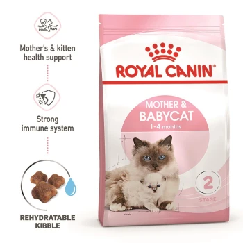 Royal Canin Mother & Babycat cat food bag featuring a mother cat and her kitten, with text highlighting health support and rehydratable kibble.