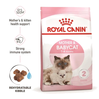 Royal Canin Mother & Babycat cat food bag featuring a mother cat and her kitten, with text highlighting health support and rehydratable kibble.