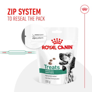 Royal Canin dog treats packaging shows a Dalmatian, emphasizing a resealable zip and high protein for satiety diets.