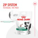 Royal Canin dog treats packaging shows a Dalmatian, emphasizing a resealable zip and high protein for satiety diets.