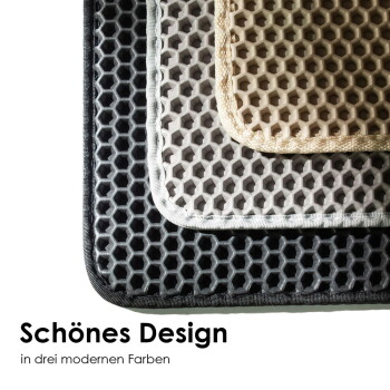 Gestapelte wabenförmige Haustiermatten in Beige, Grau und Schwarz; Text: 'Schönes Design' und 'in drei modernen Farben'.