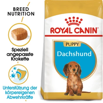 Dachshund Puppy 1,5 kg Royal Canin Dachshund Welpenfutterbeutel mit rassespezifischer Ernährung, mit hervorgehobenem Kibble-Form und Text auf Deutsch über Immunsupport.
