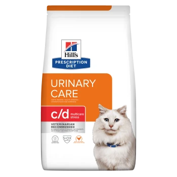 Hill's Prescription Diet Urinary Care c/d Multicare Stress kattenvoerzak met afbeelding van een witte kat en belangrijkste voordelen.