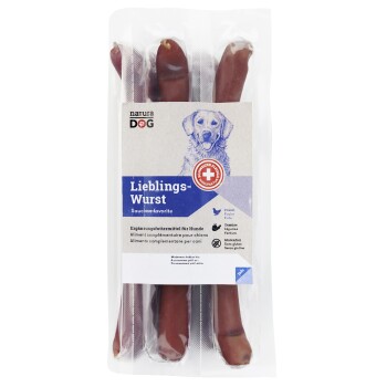 Packung mit vier Hundewürsten, beschriftet mit "Lieblings-Wurst" mit einem blauen und beigen Design, das eine Hundillustration und einen glutenfreien Anspruch zeigt.