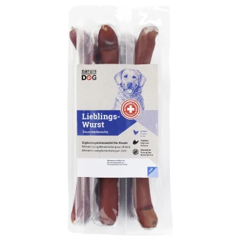 Packung mit vier Hundewürsten, beschriftet mit "Lieblings-Wurst" mit einem blauen und beigen Design, das eine Hundillustration und einen glutenfreien Anspruch zeigt.