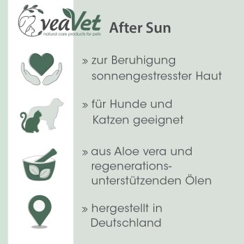 After Sun Produkt für Haustiere, geeignet für Hunde und Katzen, hergestellt mit Aloe Vera und regenerativen Ölen, hergestellt in Deutschland.
