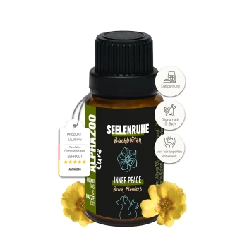 Flasche mit dem Bachblütenmittel "Seelenruhe" für Hunde und Katzen, beschriftet mit "Innere Ruhe", das Entspannungsbenefits und eine von Experten entwickelte Formel bietet.
