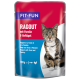 Cat food pouch featuring a tabby cat, labeled "FIT+FUN RAGOUT mit Forelle & Geflügel," with translations in French and Italian.