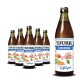 Fünf Flaschen TJURE Consommé, mit einem Etikett, das Bilder von Huhn, Tomaten, Karotten und Petersilie zeigt, mit dem Aufdruck 'Geflügel.'