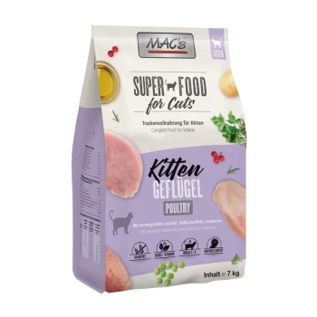 MAC's Super Food für Katzen, ein 7 kg Sack Trockenfutter für Kätzchen mit Geflügel, mit Bildern von Hähnchen und ernährungsphysiologischen Highlights.