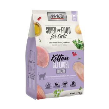 MAC's Super Food für Katzen, ein 7 kg Sack Trockenfutter für Kätzchen mit Geflügel, mit Bildern von Hähnchen und ernährungsphysiologischen Highlights.