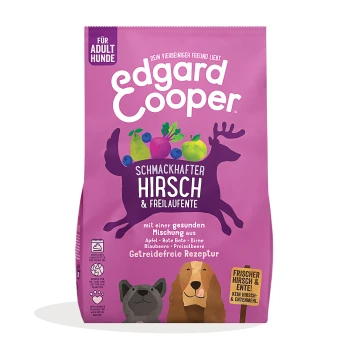 Hundefuttertüte von "Edgard Cooper" mit einem lila Hintergrund, die den Geschmack "Schmackhafter Hirsch & Freilaufente" und gesunde Zutaten zeigt.