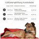 Rote Hundedecke von Doctor Bark, maschinenwaschbar bis 95°C, Lufttrocknung empfohlen. Text: "Einfach die Hundedecke in die Waschmaschine."