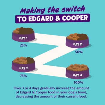 Infographic: "making the switch TO EDGARD & COOPER" showing four bowls Day 1–Day 4 with 25%, 50%, 75%, 100% and transition note