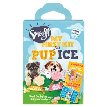 Bunte Verpackung für "Smooff My First Kit for Pup Ice," mit einem Welpen und Hund, enthält Formen und Mischstäbe für 20 Pops und 16 Bonbons.