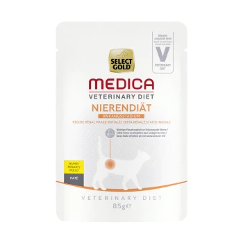 Medica régime rénal stade initial poulet 12 x 85 g Select Gold Medica Veterinary Diet Nierendiät, sachet de 85g pour chats, étiqueté comme un régime rénal pour la phase initiale, avec une silhouette de chat.