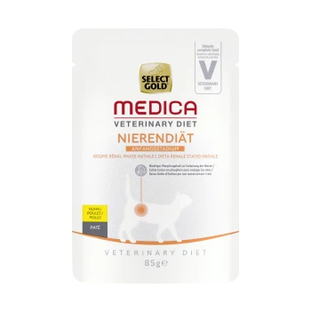 Select Gold Medica Veterinary Diet Nierendiät, 85g Beutel für Katzen, gekennzeichnet als Nierendiät für die Anfangsphase, mit einer Katzensilhouette.