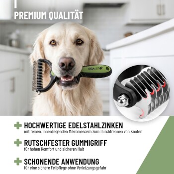 Ein langlebiges Haustierpflegewerkzeug mit einem Bürstenkopf aus rostfreiem Stahl, ergonomischem Griff und abgerundeten Zähnen für sichere Anwendung und einfaches Aufhängen.