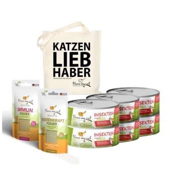 Eine Canvas-Tasche mit der Aufschrift "KATZEN LIEB HABER", umgeben von insektenbasiertem Katzenfutter und Gläsern mit der Aufschrift "Vitalität Füttern" und "Hygienepulver."