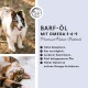 Etikett für BARF-ÖL Omega 3-6-9, ein Nahrungsergänzungsmittel für Hunde und Katzen, mit dem Gesicht eines Hundes und Text auf Deutsch.