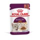 Royal Canin Sensory Taste Katzenfutterbeutel mit einer grauen Katze, die sich die Lippen leckt, mit Stückchen in Soße. 85g Paket.