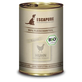 Nourriture pour chien en conserve étiquetée "ESCAPURE" avec 90% de viande, contenant du poulet (Huhn) et une certification biologique "Bio".
