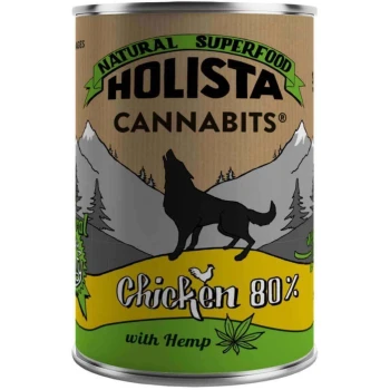 Boîte de Holista Cannabits super-aliment naturel pour animaux, avec une silhouette de chien, étiquetée "Poulet 80 % avec Chanvre."