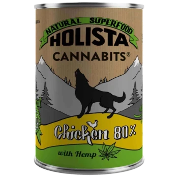 Dose von Holista Cannabits, einem natürlichen Superfood für Haustiere, mit einer Silhouette eines Hundes, beschriftet mit "Huhn 80% mit Hanf."