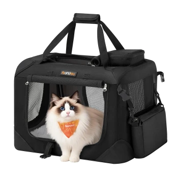 S-XXXL Transportbox Oxford-Gewebe schwarz 50 cm, 35 cm, 35 cm Schwarze Haustiertrage mit Netzpaneelen, mit einem Hund, der teilweise aus der vorderen Öffnung herauskommt.