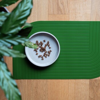 Eine grüne Haustierfütterungsmatte mit einer hellgrauen Schüssel, die kleine braune Kroketten enthält, umgeben von einer blättrigen Pflanze und einem Holzboden.