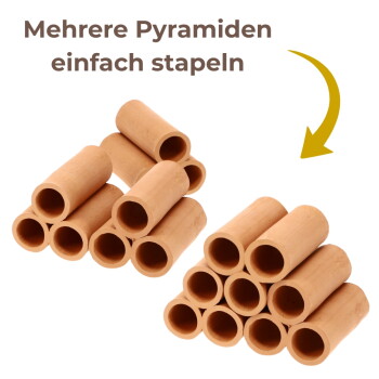 Stapelfähige Terrakotta-Röhrenpyramiden für Fische/Garnelen, zwei Stapel gezeigt, deutscher Text: 'Mehrere Pyramiden einfach stapeln'.