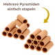 Stapelfähige Terrakotta-Röhrenpyramiden für Fische/Garnelen, zwei Stapel gezeigt, deutscher Text: 'Mehrere Pyramiden einfach stapeln'.