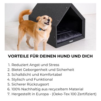 Ein tanfarbener Hund steht neben einem schicken schwarzen Hundehäuschen und bewirbt Vorteile wie Stressreduktion und Umweltfreundlichkeit für Haustiere und Besitzer.