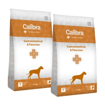 Deux sacs de nourriture pour chiens Calibra Veterinary Diets, étiquetés "Gastrointestinal & Pancreas," avec une silhouette de chien et des symboles médicaux.