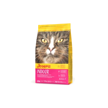 Beutel Josera Indoor Katzenfutter für ausgewachsene Katzen, gelbe und rosa Verpackung mit großem Katzenkopf, sichtbare Aufschriften 'Josera', 'INDOOR', 'ADULT', '2 kg'